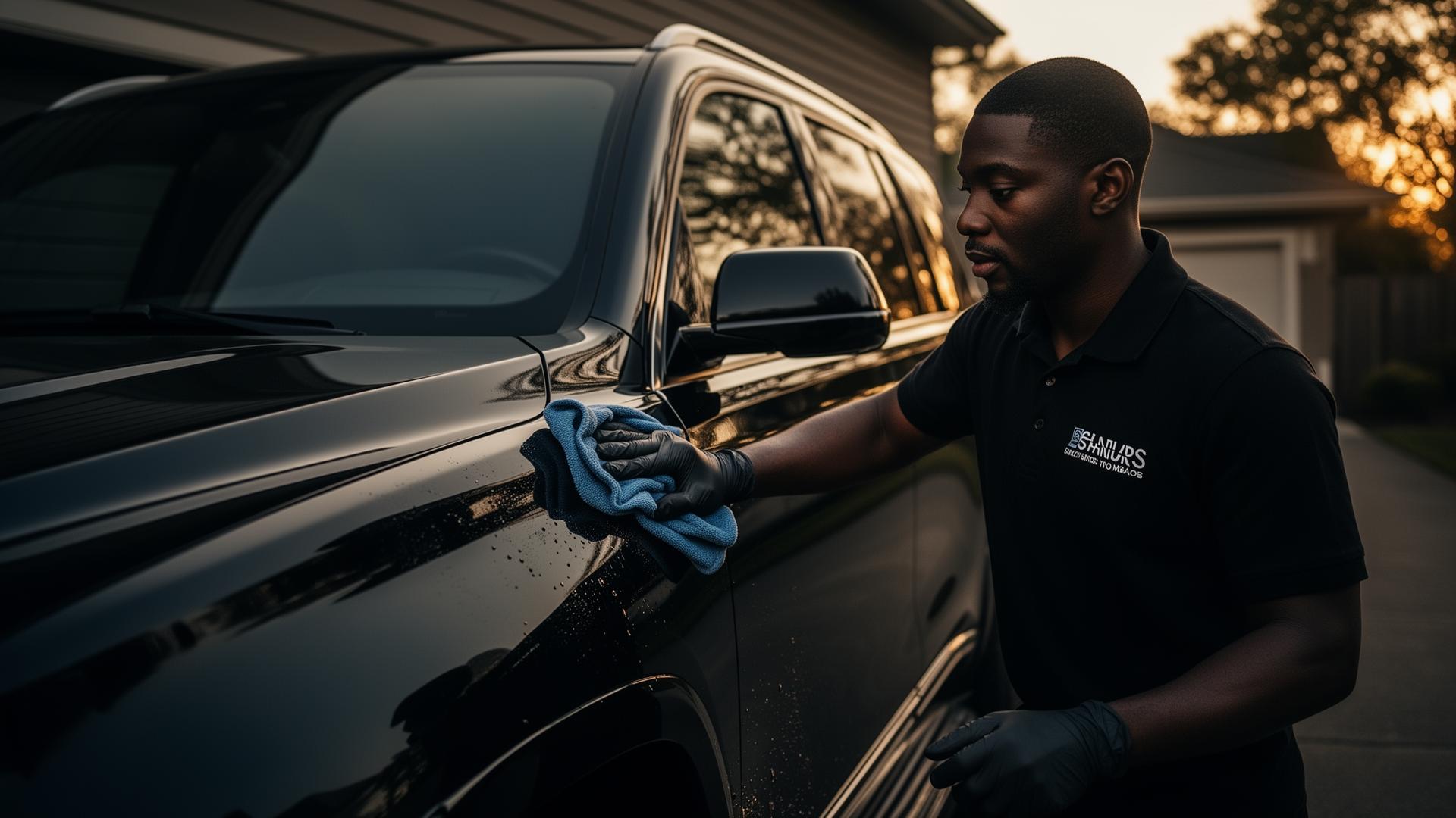 Professional detailer hand polishing a luxury SUV